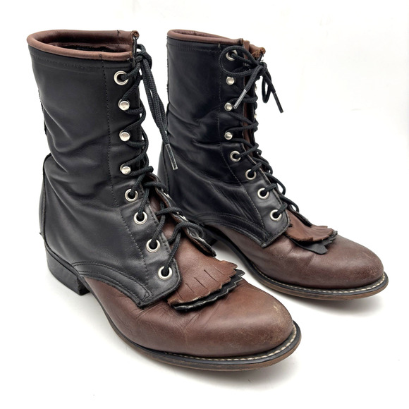 Vintage 90s Laredo Two Tone Leather Kiltie Roper Western Boots 6.5M Made in USA - Picture 1 of 16